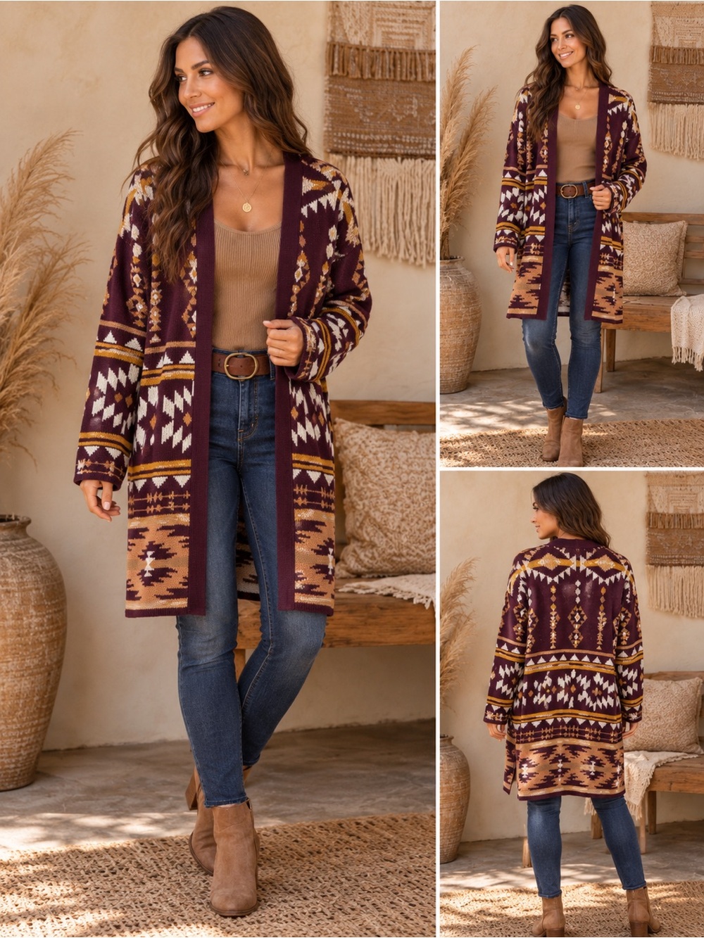 NWT Savanna Jane Burgundy, Mustard and Cream Aztec Open-Front Cardigan